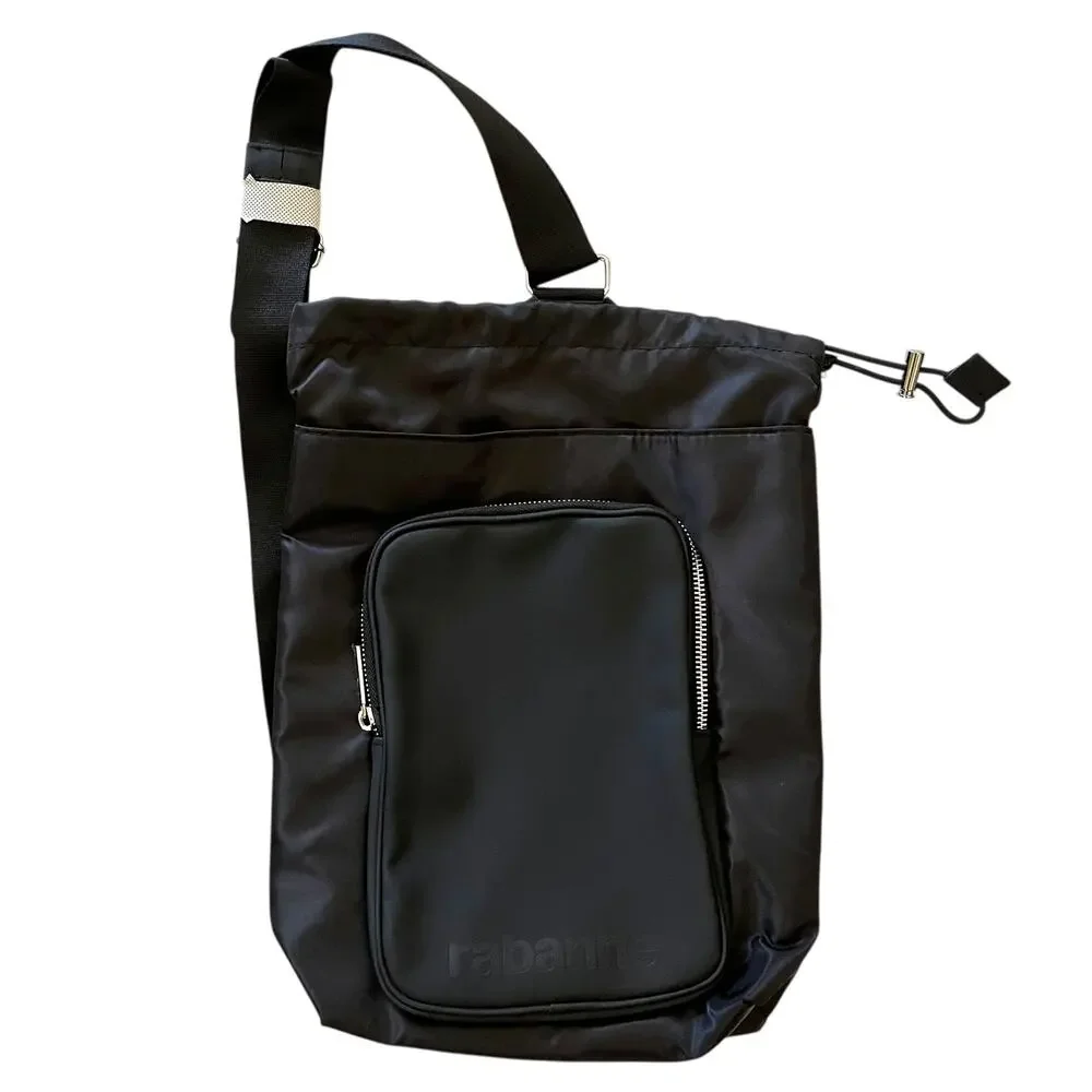 New! Rabanne Black Drawstring Sling Bag Crossbody Single-Strap Backpack NWOT